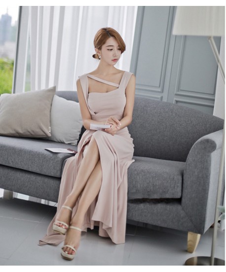 2014 Korea Wholesale Sexy Dress For Women Slim Boat Neck Sleeveless Side Slit Back Zipper Solid Color Party Long Dress