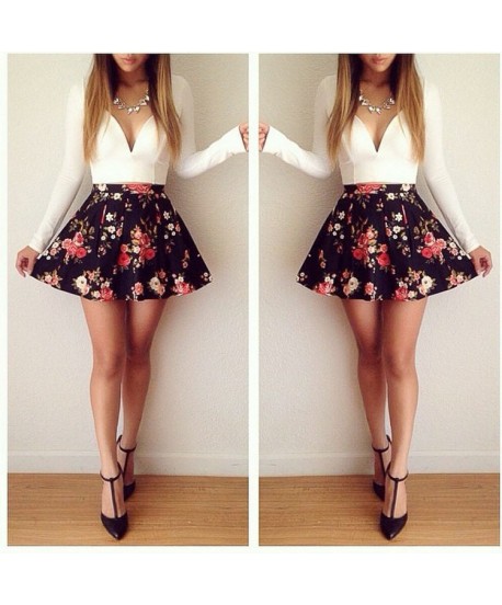 2015 New Night Club Dress Color Block Floral Printing Long Sleeve V-Neck Dress