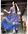 2015 Unique Design Women Doll Collar Ball Gown Lace Blue Maxi Dress