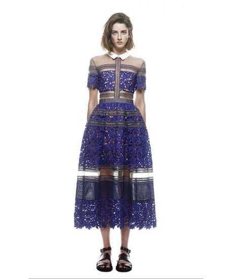 2015 Unique Design Women Doll Collar Ball Gown Lace Blue Maxi Dress