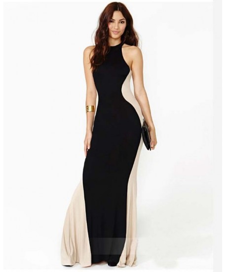 Fashion Color Block Fishtail Party Long Dress